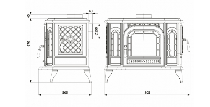 Malkinė krosnelė KAWMET P7 PB (10,5 kW) ECO matmenys