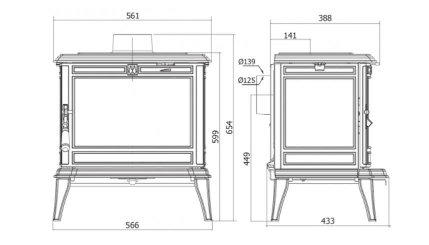 Malkinė krosnelė KAWMET Premium PROMETEUS S11 8,5kW išmatavimai