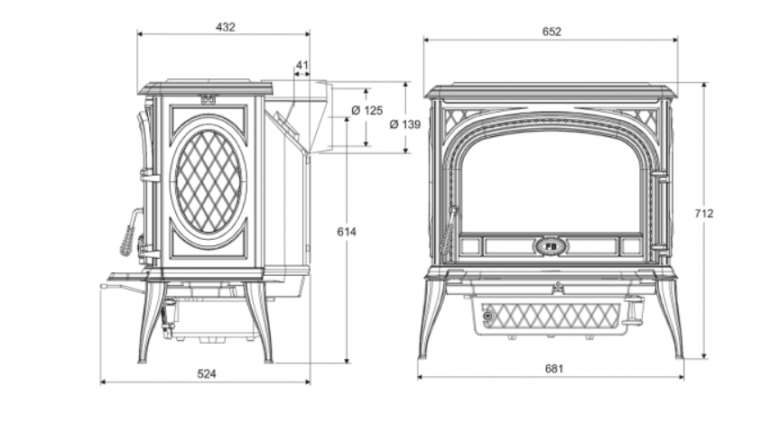 Malkinė krosnelė KAWMET Premium NIKA S5 ECO 11,3kW matmenys