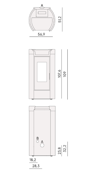 Granulinė krosnelė Fenice 11 matmenys
