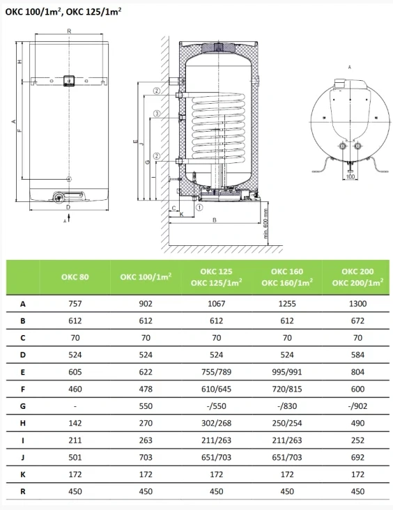 Pakabinami vertikalūs Dražice vandens šildytuvai OKC 100-1m2 matmenys