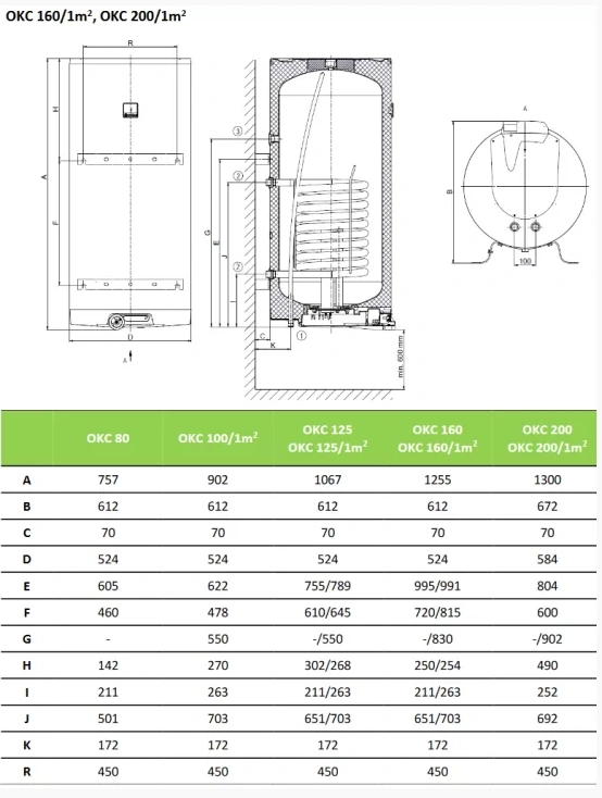 Pakabinami vertikalūs Dražice vandens šildytuvai OKC 100-1m2 schema su išmatavimais