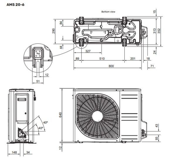 Šilumos siurblys NIBE Split SVM S332+AMS20 6kW R32 išmatavimai