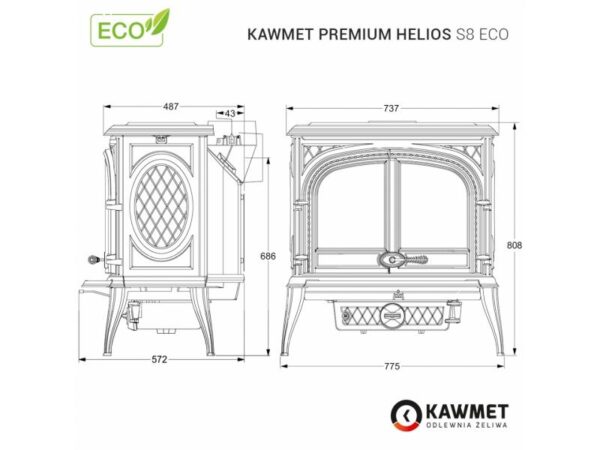 Malkinė krosnelė KAWMET Premium HELIOS S8 ECO 13,9kW matmenys ir brėžiniai