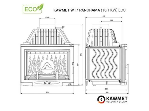 Malkinis židinys KAWMET W17 Panorama (16,1 kW) ECO išmatavimai