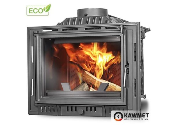 Ketaus židinys KAWMET W6 (10,1 kW) ECO iš dešinės, su ugnimi