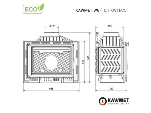 Ketaus židinys KAWMET W6 (10,1 kW) ECO išmatavimai