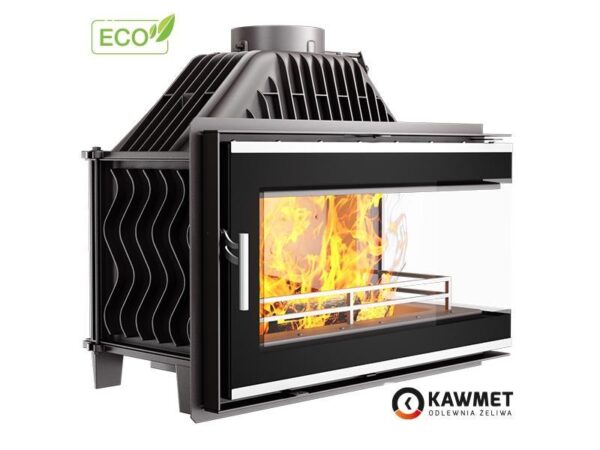 Ketaus židinys KAWMET W16 PB/LB (13,5 kW) ECO iš kairės, su ugnimi