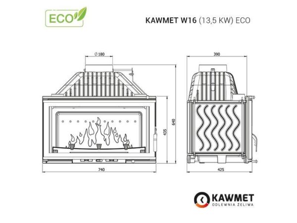 Ketaus židinys KAWMET W16 (13,5 kW) ECO brėžiniai