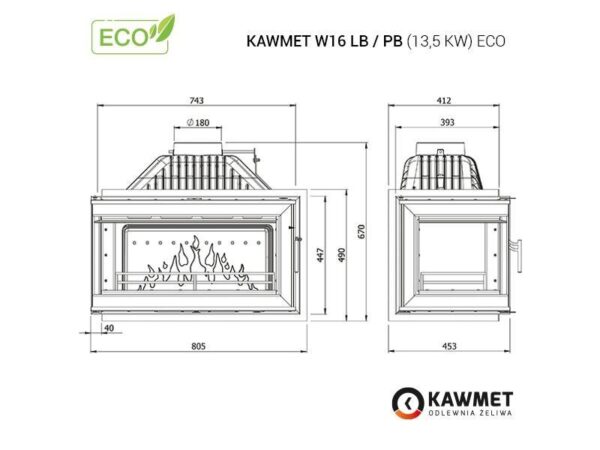 Ketaus židinys KAWMET W16 PB/LB (13,5 kW) ECO išmatavimas